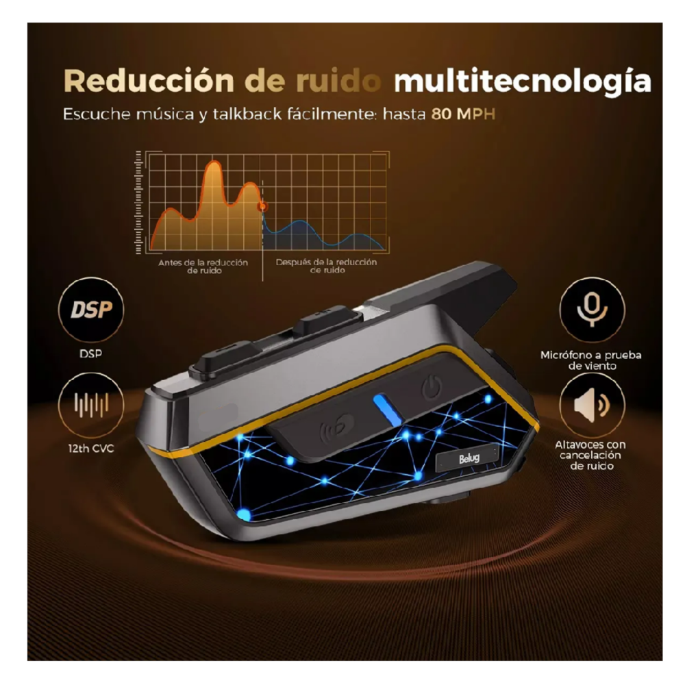 Foto 5 pulgar | Intercomunicador Bluetooth Para Moto Fm Radio 2000mah Ip67 Belug, Negro Línea Amarilla