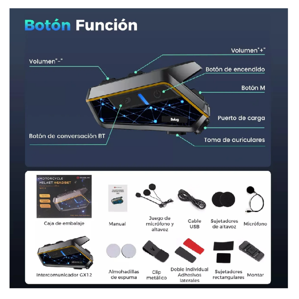 Foto 6 pulgar | Intercomunicador Bluetooth Para Moto Fm Radio 2000mah Ip67 Belug, Negro Línea Amarilla