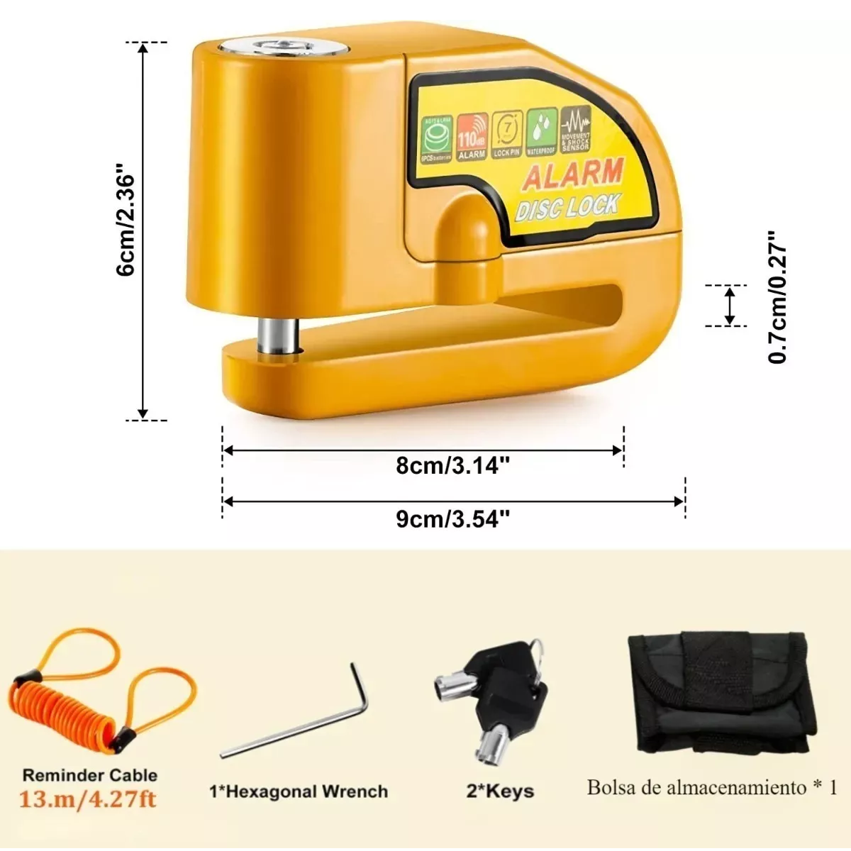 Foto 4 pulgar | Cerradura de Disco de Alarma para Motocicleta y Scooter Eo Safe Imports Esi-9036 Amarillo