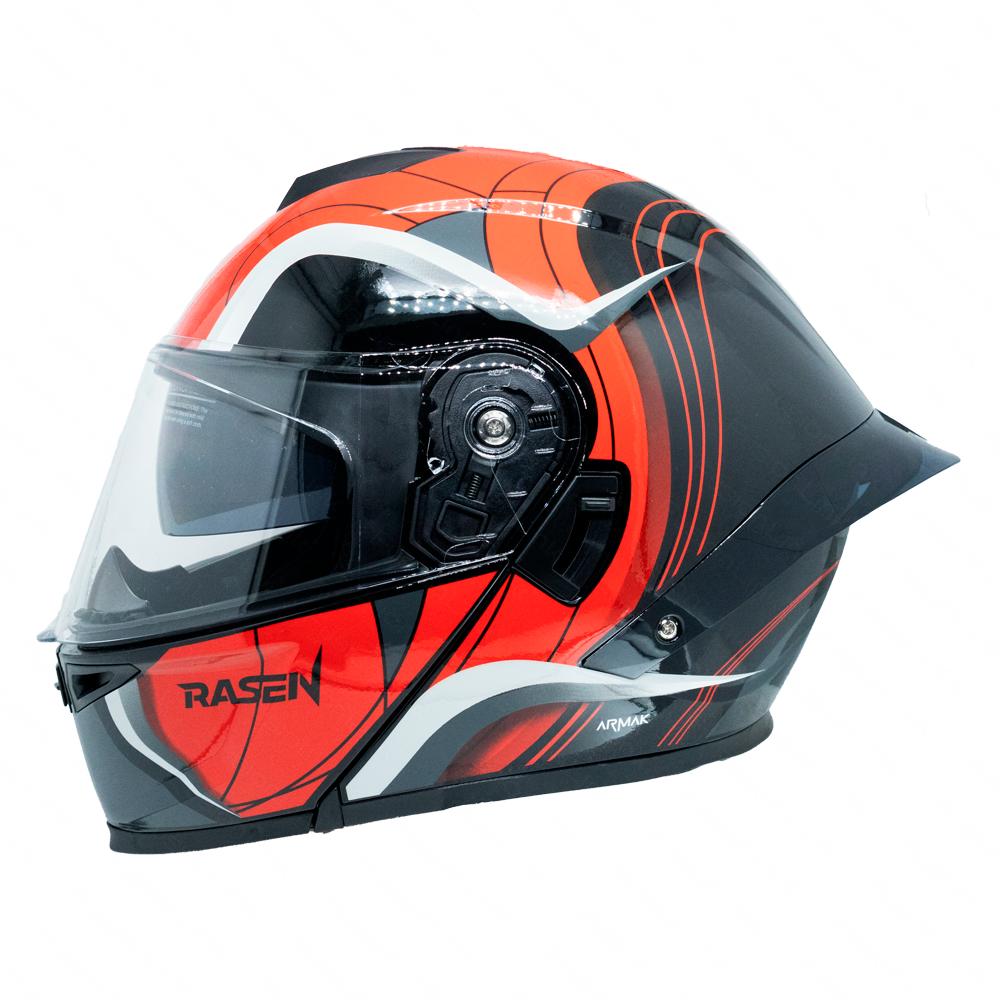 Casco Abatible Deportivo Para Moto Rasen Rojo Con Franjas Grises