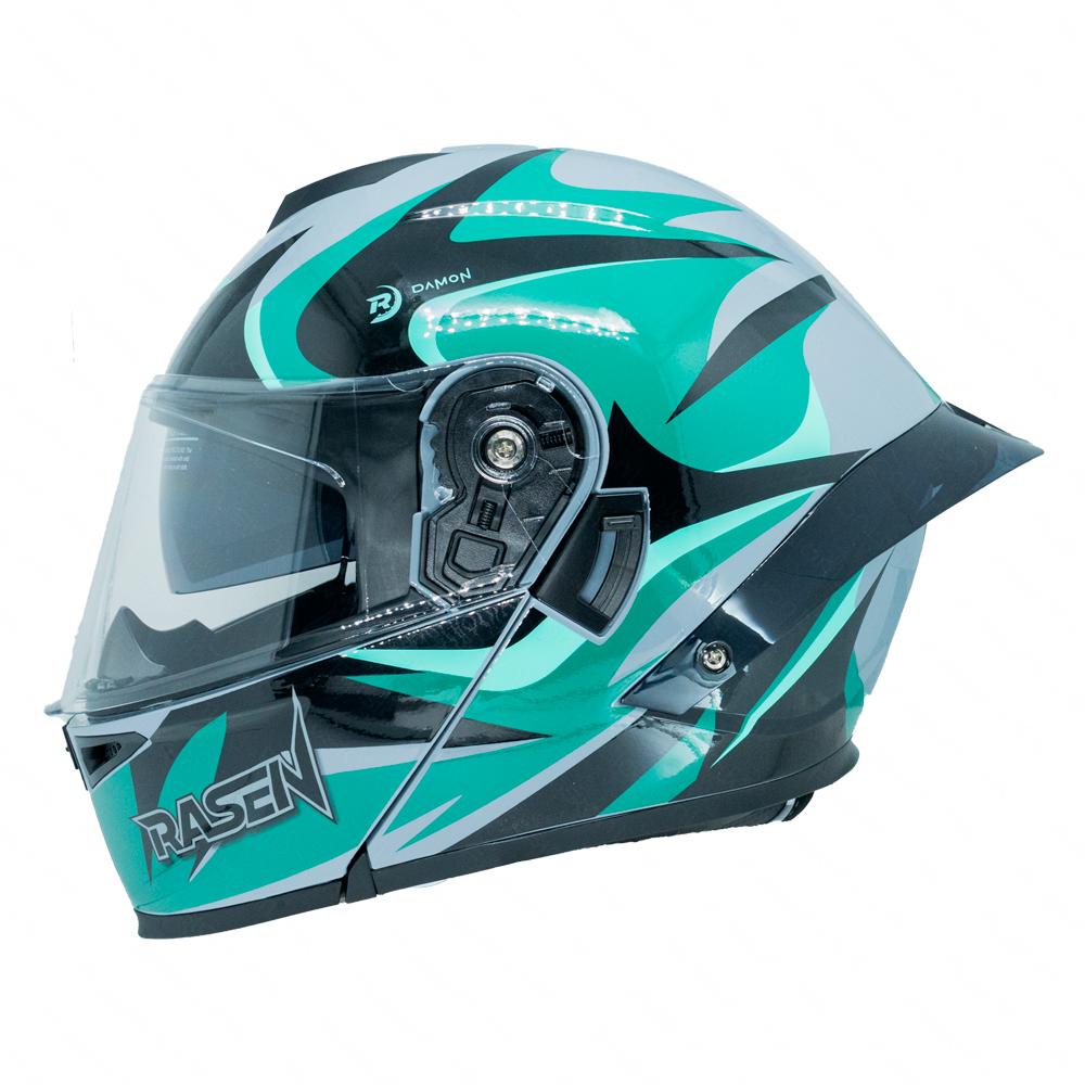 Casco Abatible Deportivo Para Moto Rasen Gris Con Verde Y Negro