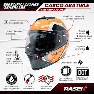 Foto 2 | Casco Abatible Deportivo Para Moto Rasen Negro Con Naranja Y Gris