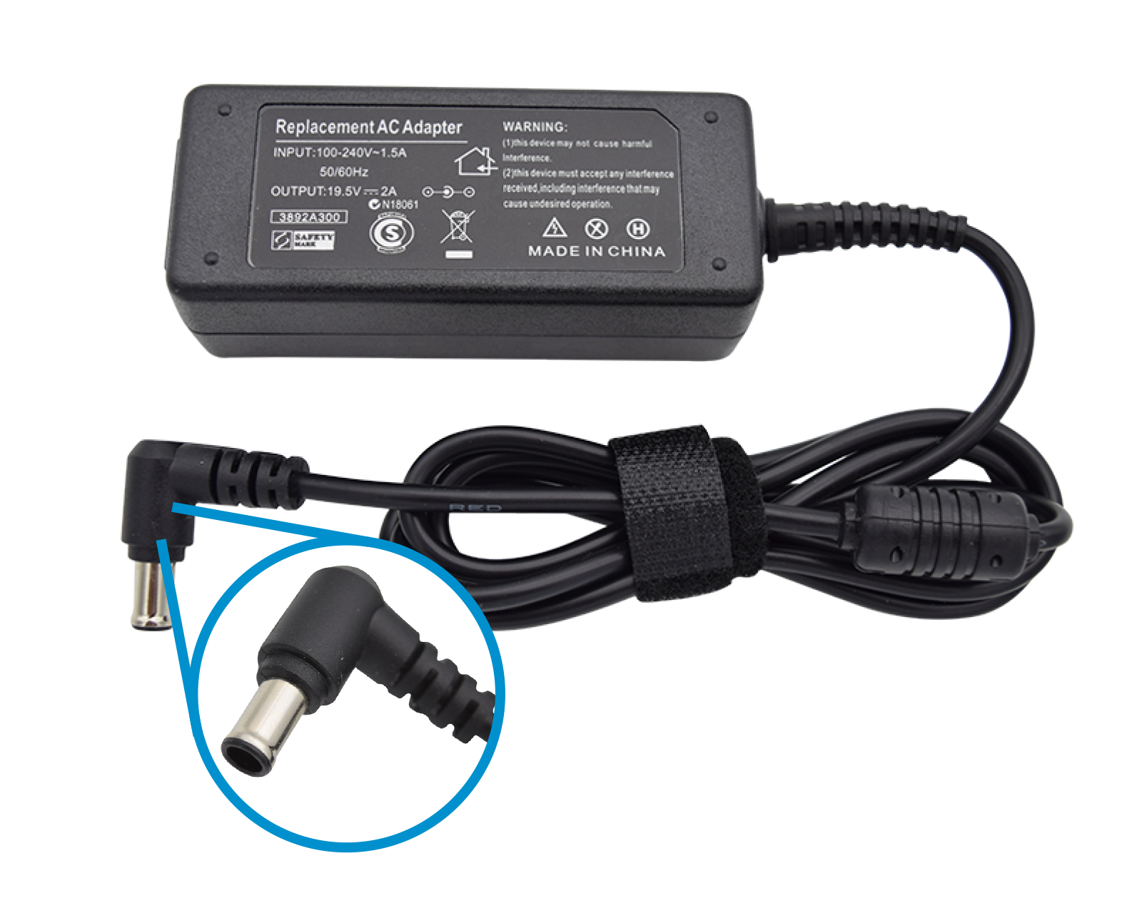 Cargador Virtual Zone RCS1952A color Negro Compatible para Laptop Sony 19.5v 2a Punta 6.5 x 4.4 mm