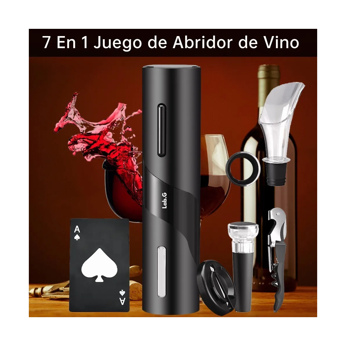 Foto 3 | Sacacorchos De Vino Eléctrico Reutilizable 7 En 1 Lab.g Negro