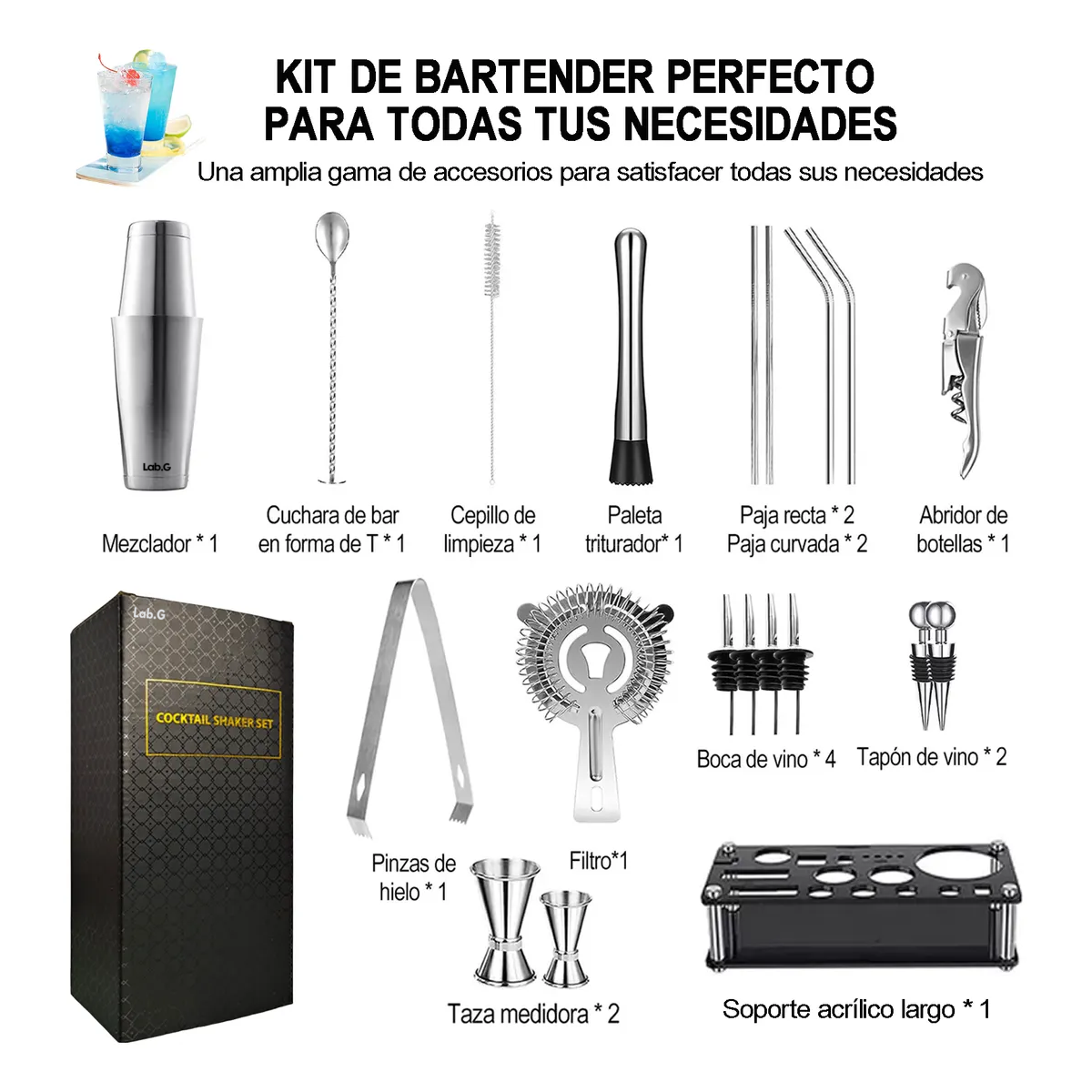 Foto 4 pulgar | Kit De Cocteleria 20 Pieas Shaker Cocktail Bar Set 550ml Lab.g Plata