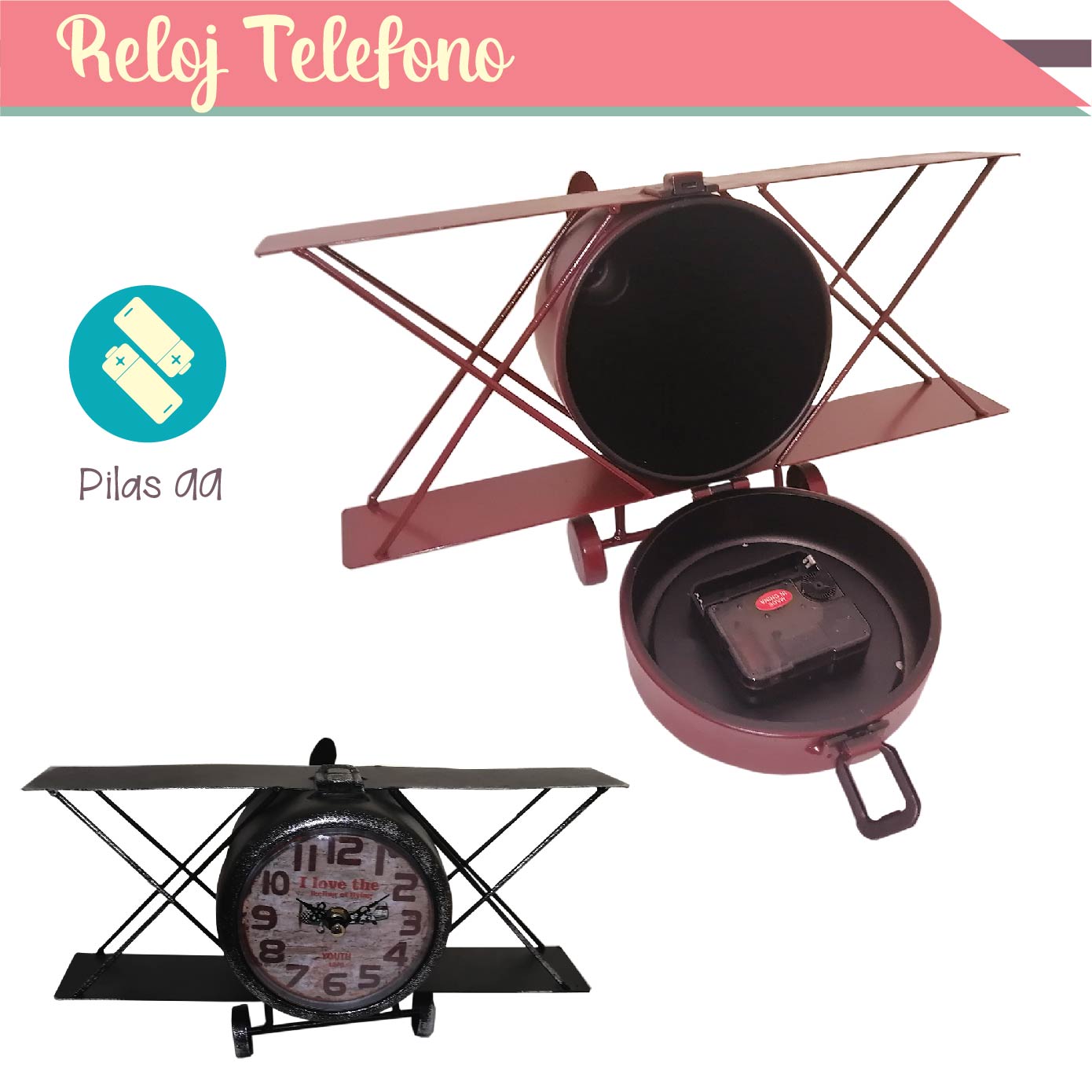 Foto 3 | Reloj Decorativo De Mesa Retro Vintage Clásico Avioneta