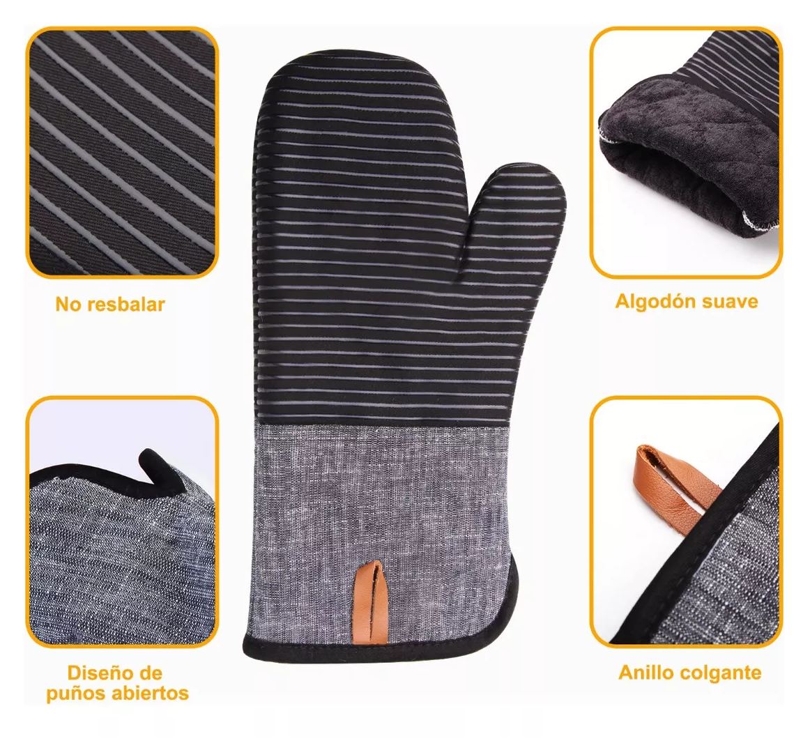 Foto 3 | Juego De 4 Guantes De Cocina Para Horno, Anticalor Y Antides Negro Rallas Gris