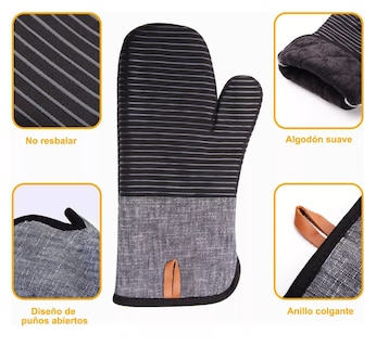Foto 3 | Juego De 4 Guantes De Cocina Para Horno, Anticalor Y Antides Negro Rallas Gris
