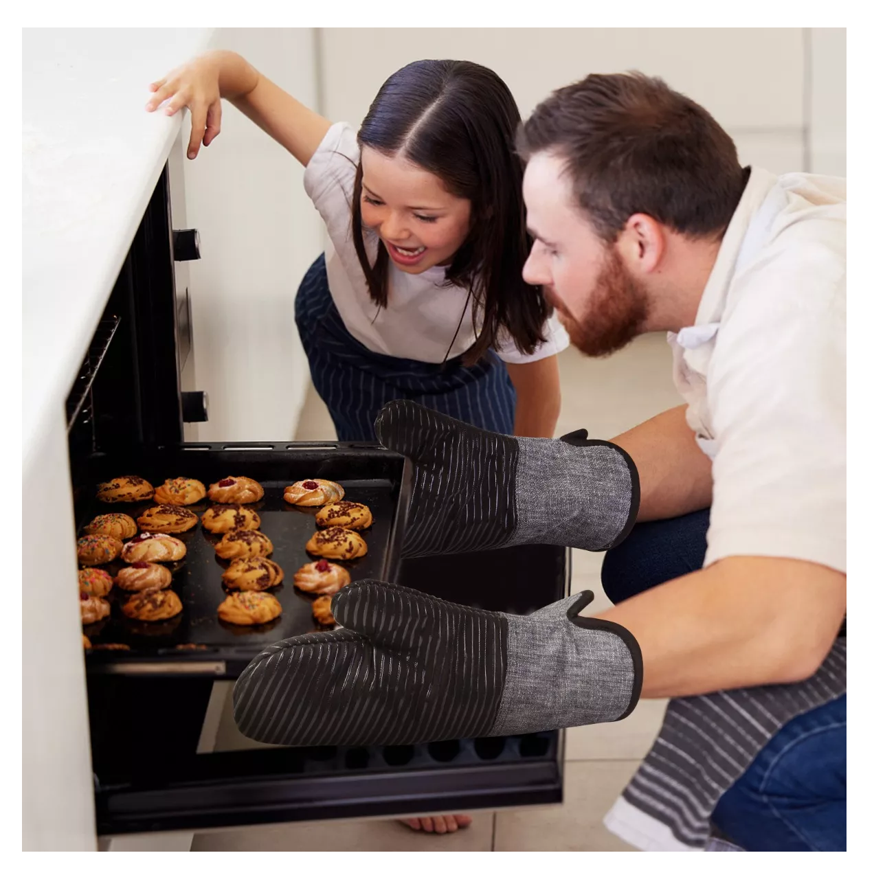 Foto 6 pulgar | Juego De 4 Guantes De Cocina Para Horno, Anticalor Y Antides Negro Rallas Gris