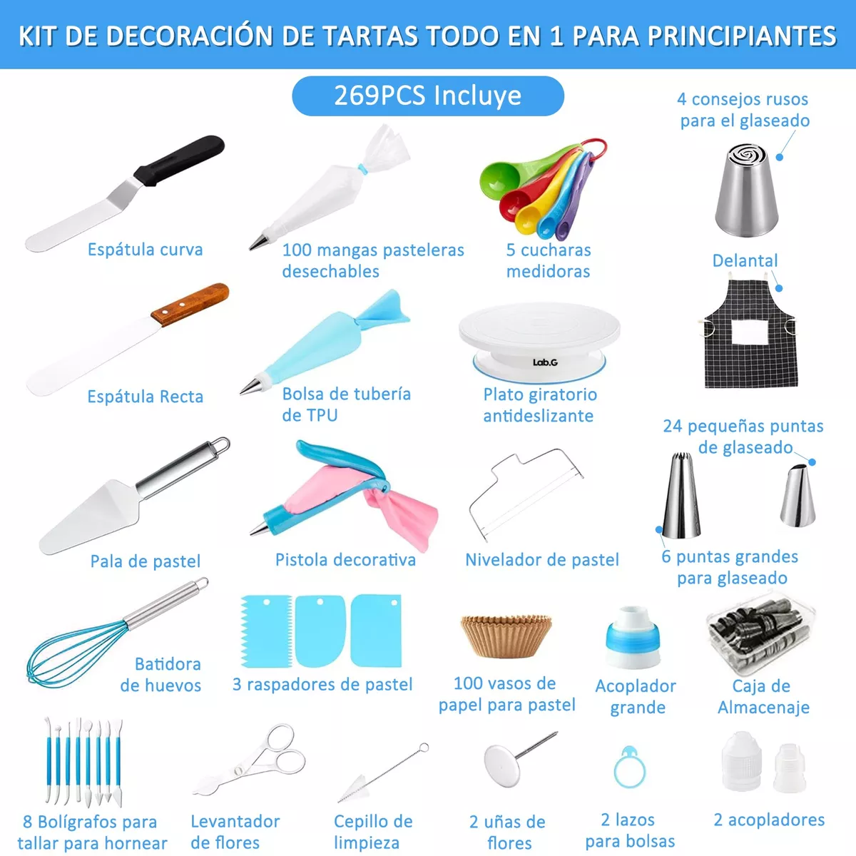 Foto 5 pulgar | Kit De Picos/boquillas Kit De Decoración De Pasteles Lab.g 269pzs Azul Blanco