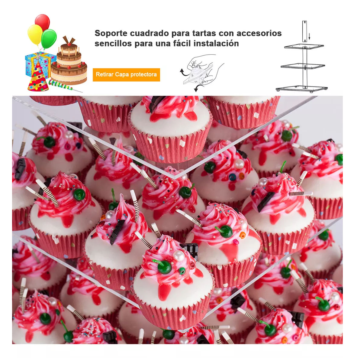 Foto 2 | Base Para Postres Cupcakes Bases Pastel Acrilico 4 Niveles Cuadrado Transparente