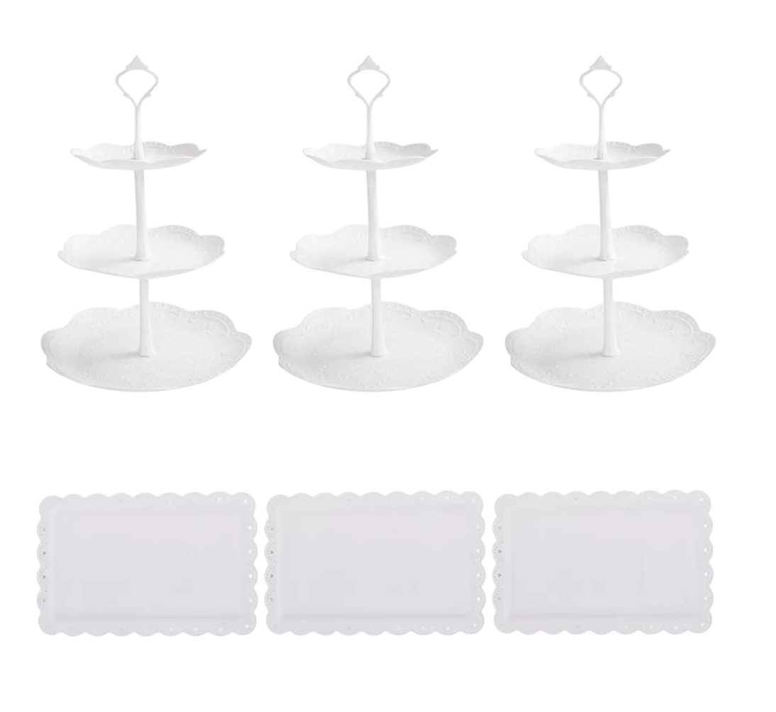 Kit Para Base Para Cupcake Y Postre Mesa De Dulce Exhibidore 3 Pzs Blanco Redondo Cuadrado