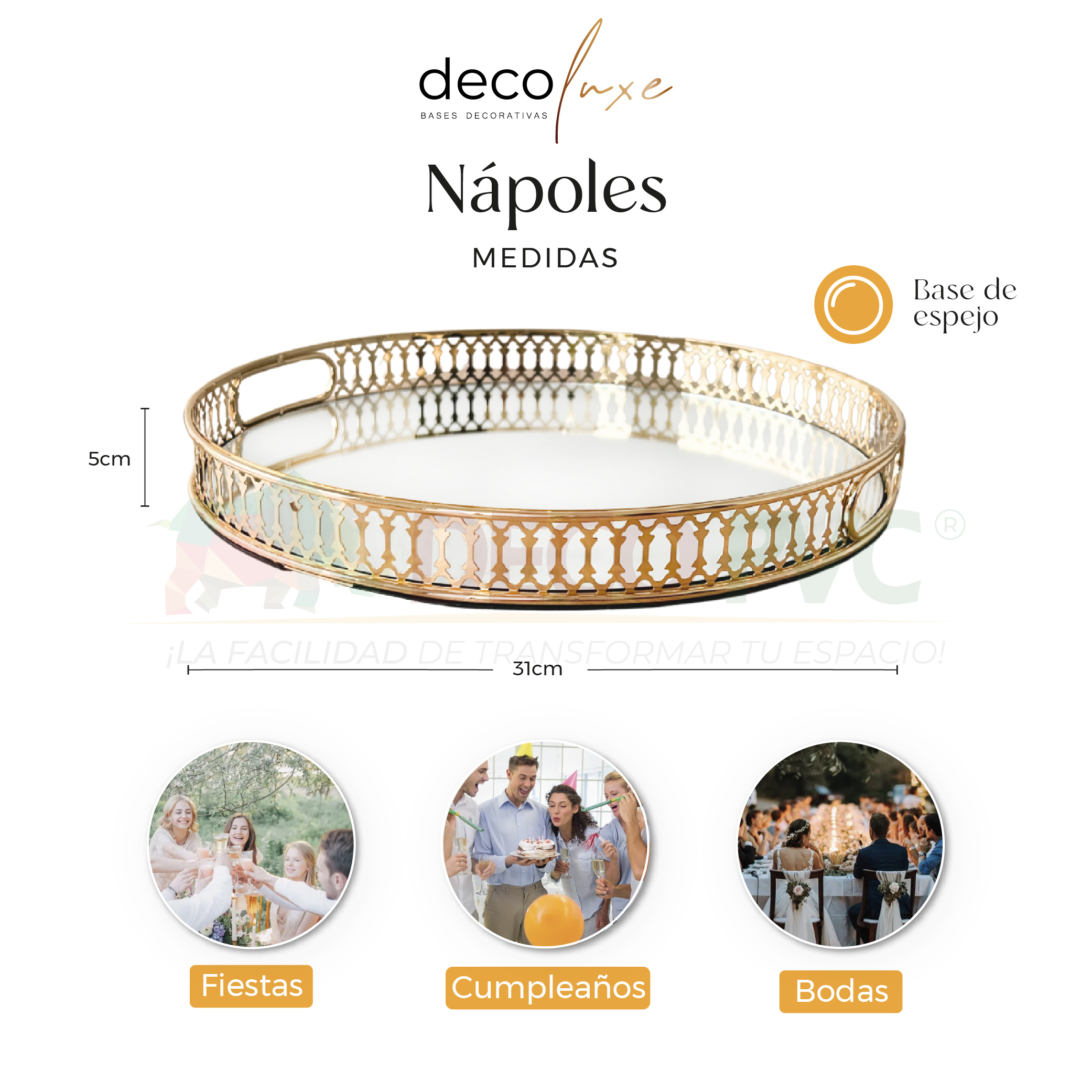Charola Decorativa Dorada Con Espejo Decoluxe Bandeja