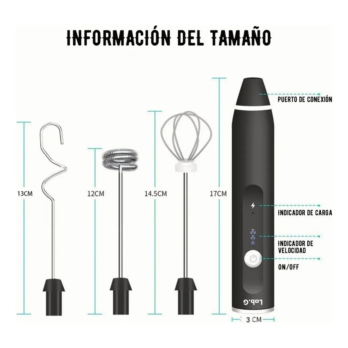 Foto 5 pulgar | Batidor Eléctrico Lab.g 3 Velocidades Recargable Negro