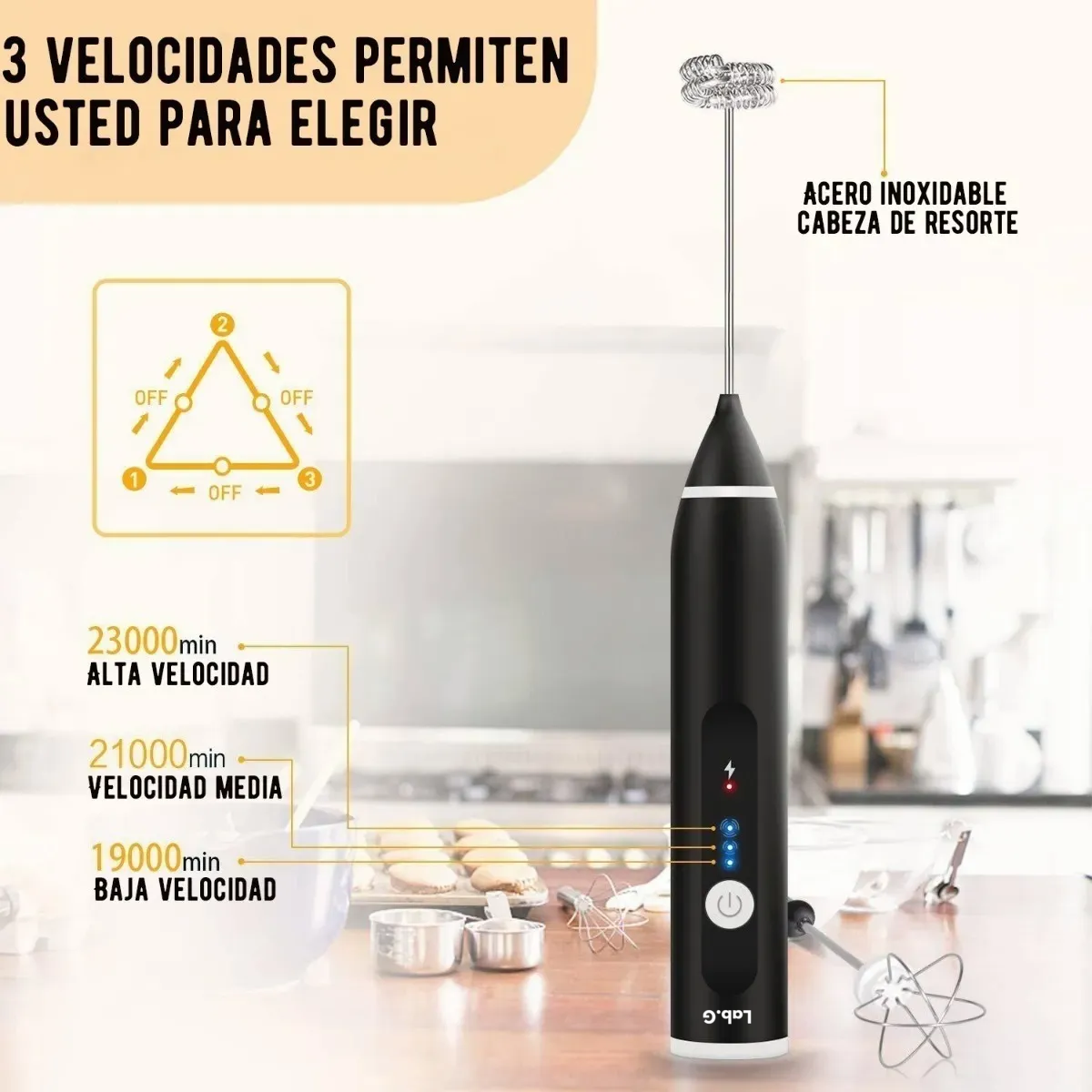 Foto 6 pulgar | Batidor Eléctrico Lab.g 3 Velocidades Recargable Negro