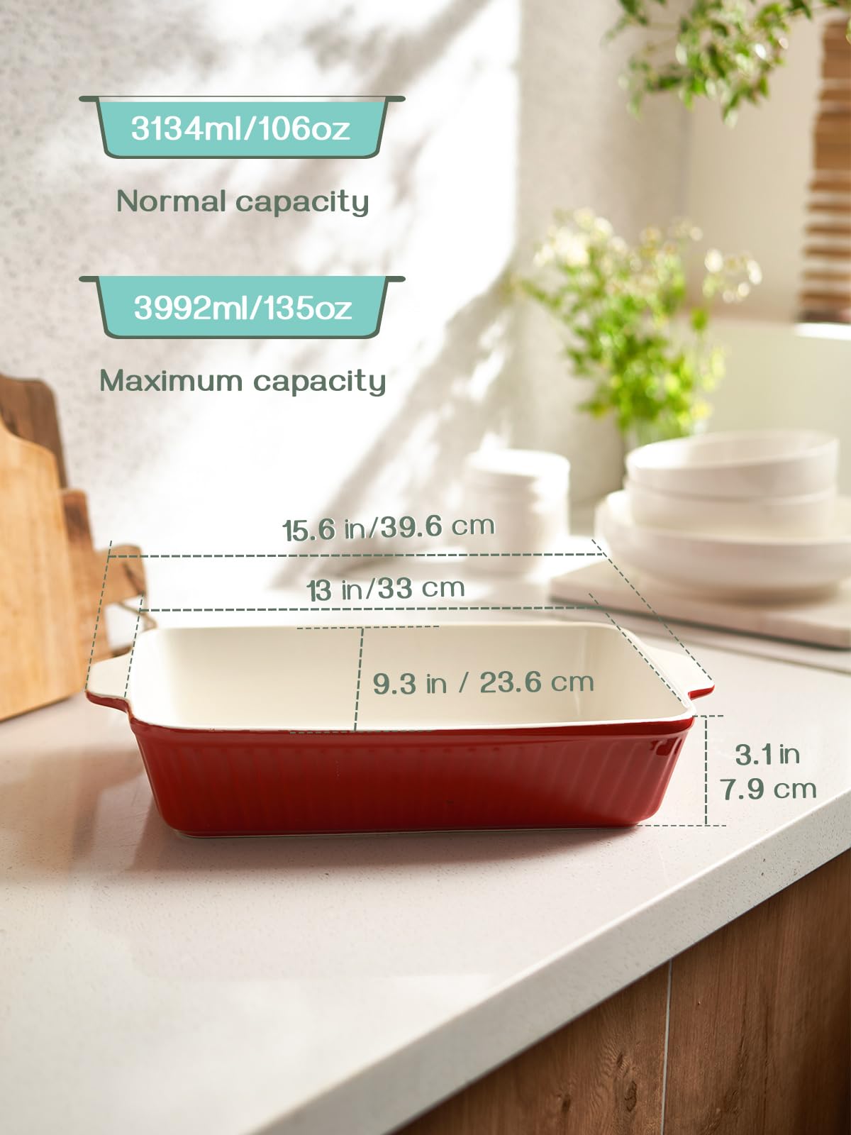 Foto 2 | Plato Para Hornear Dowan, Cazuela Profunda De Cerámica De 9 X 13 Pulgadas, 4 Litros, Color Rojo - Venta Internacional.