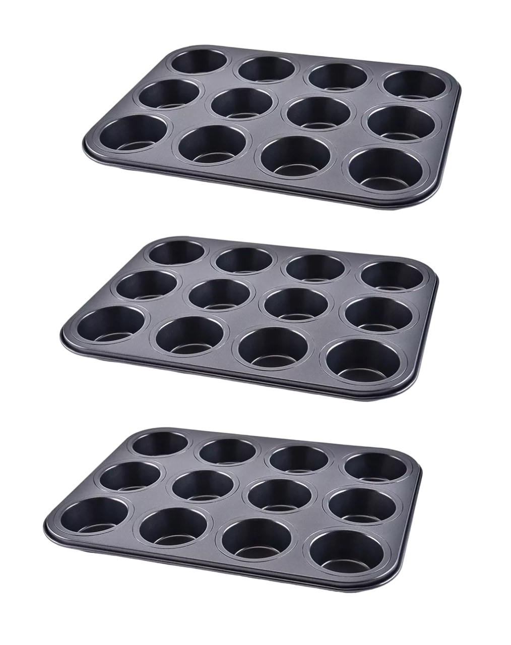 Molde Charola 12 Cupcakes Acero Anti- Adherente Repostería 3 Pzs Negro