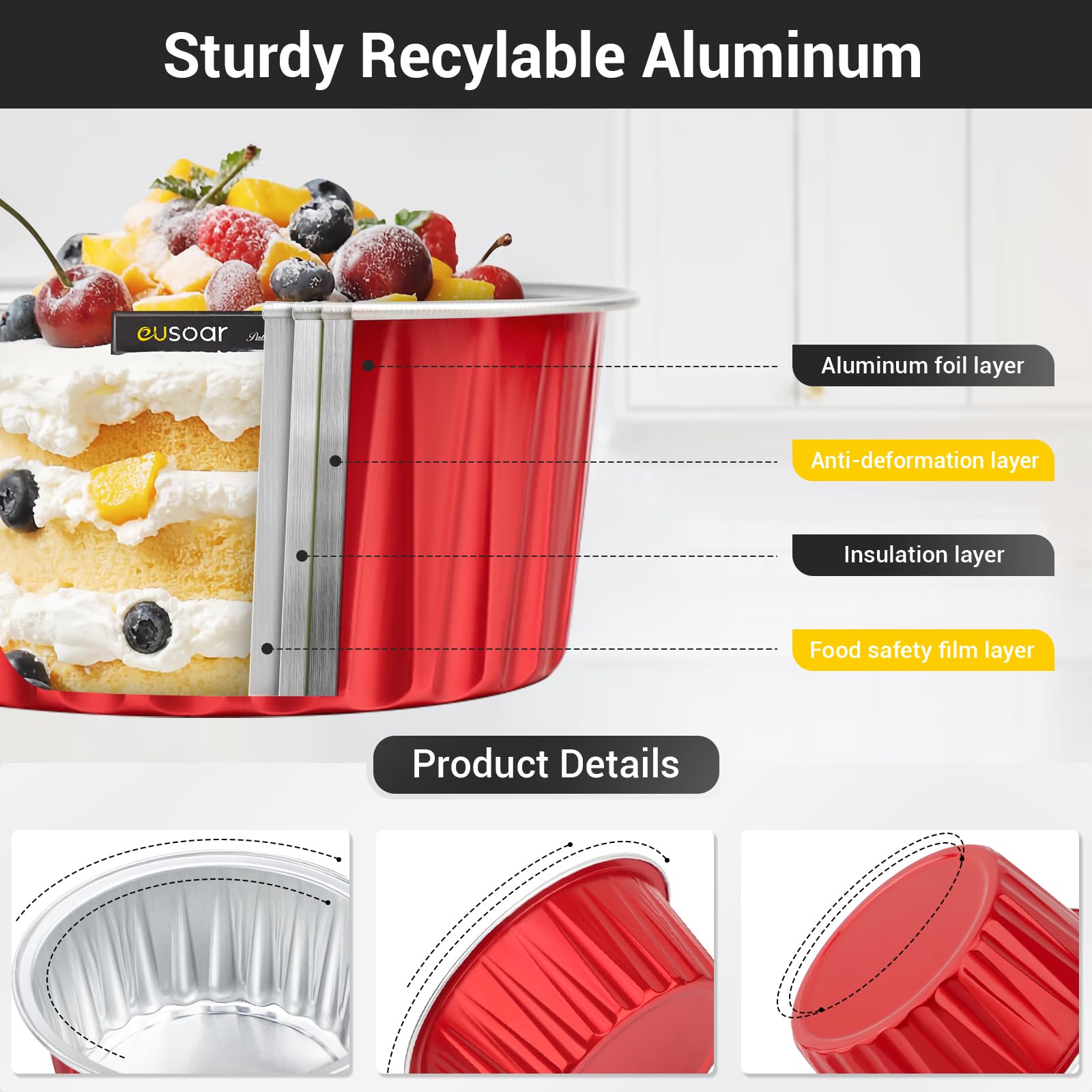 Foto 3 | Forros Para Magdalenas Eusoar, Papel De Aluminio, 125 Ml, Con Tapas, 100 Unidades - Venta Internacional.