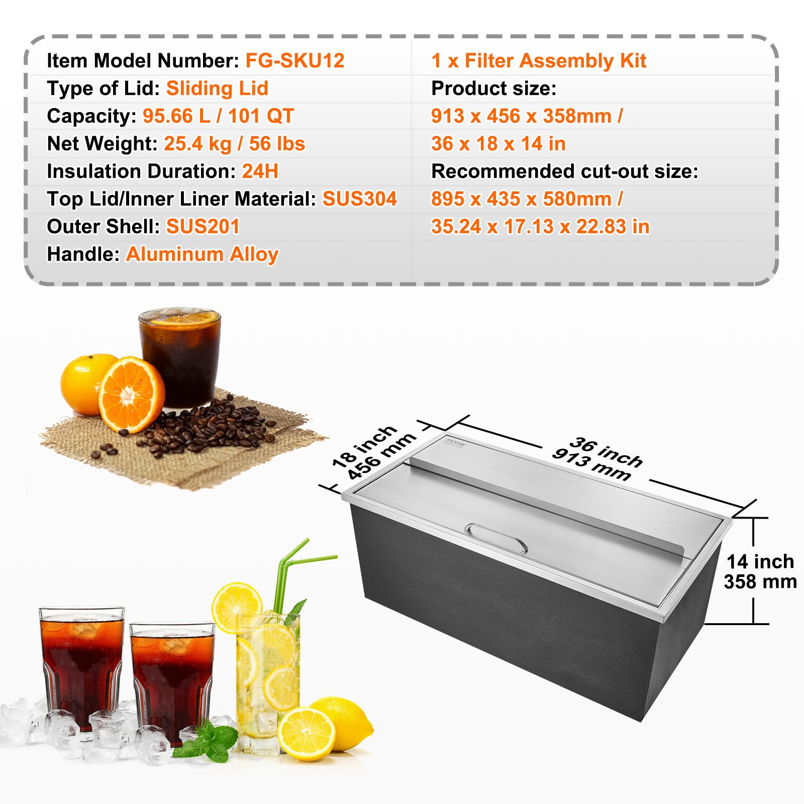 Foto 7 | Enfriador De Hielo Vevor Drop In De Acero Inoxidable De 36 X 18 De Ancho X 14 De Alto - Venta Internacional.
