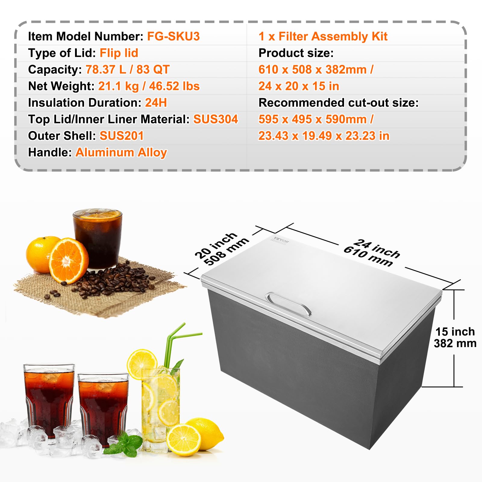 Foto 8 pulgar | Enfriador De Hielo Vevor Drop-in De Acero Inoxidable De 40 Qt/38 L Con Cubierta - Venta Internacional.