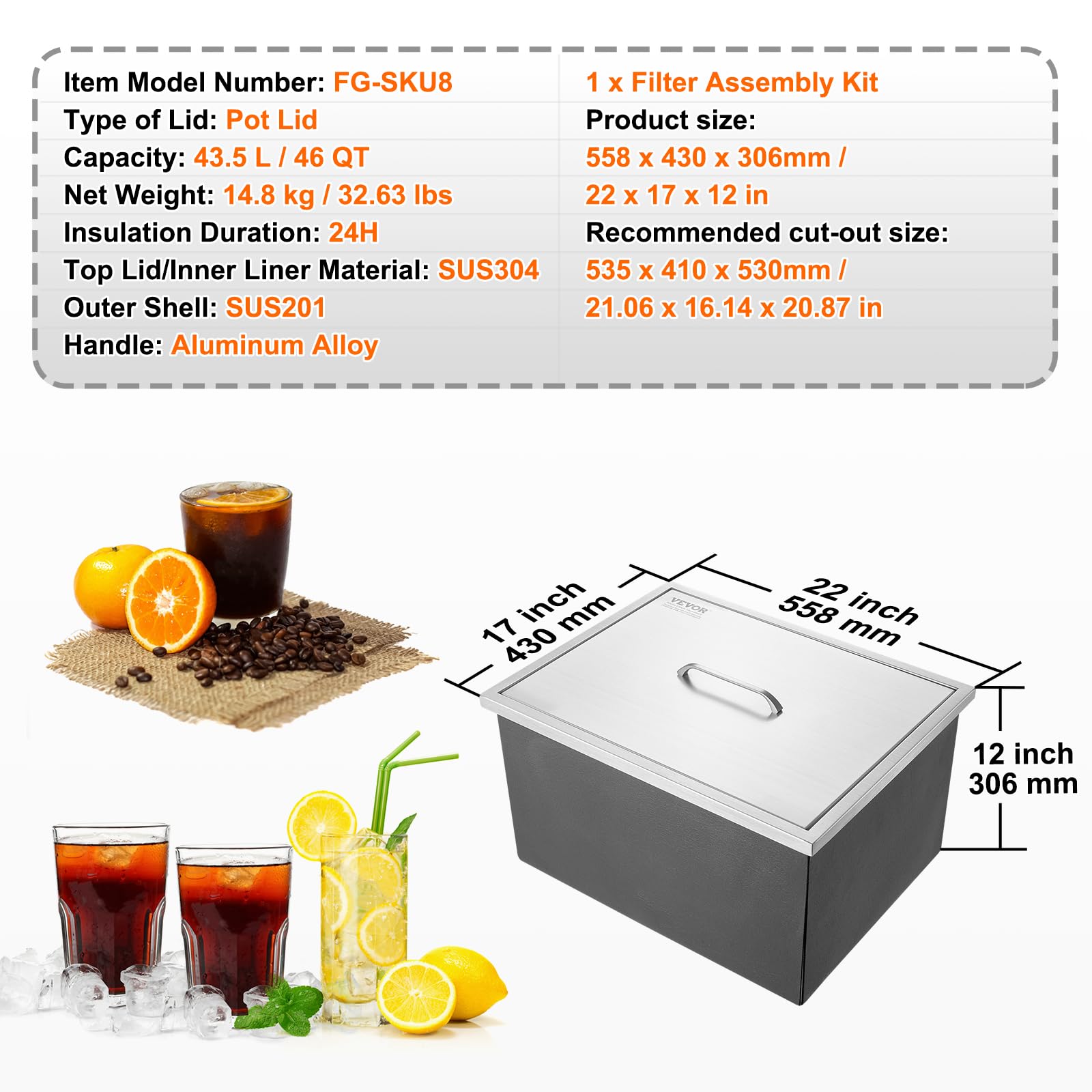 Foto 7 | Enfriador De Hielo Vevor Drop In Ice Cofre, 43,5 L, Acero Inoxidable - Venta Internacional.