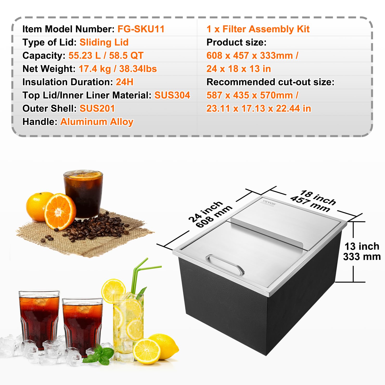 Foto 7 | Enfriador De Hielo Vevor Drop-in De Acero Inoxidable De 40,9 Cuartos De Galón Y 55,23 Litros - Venta Internacional.