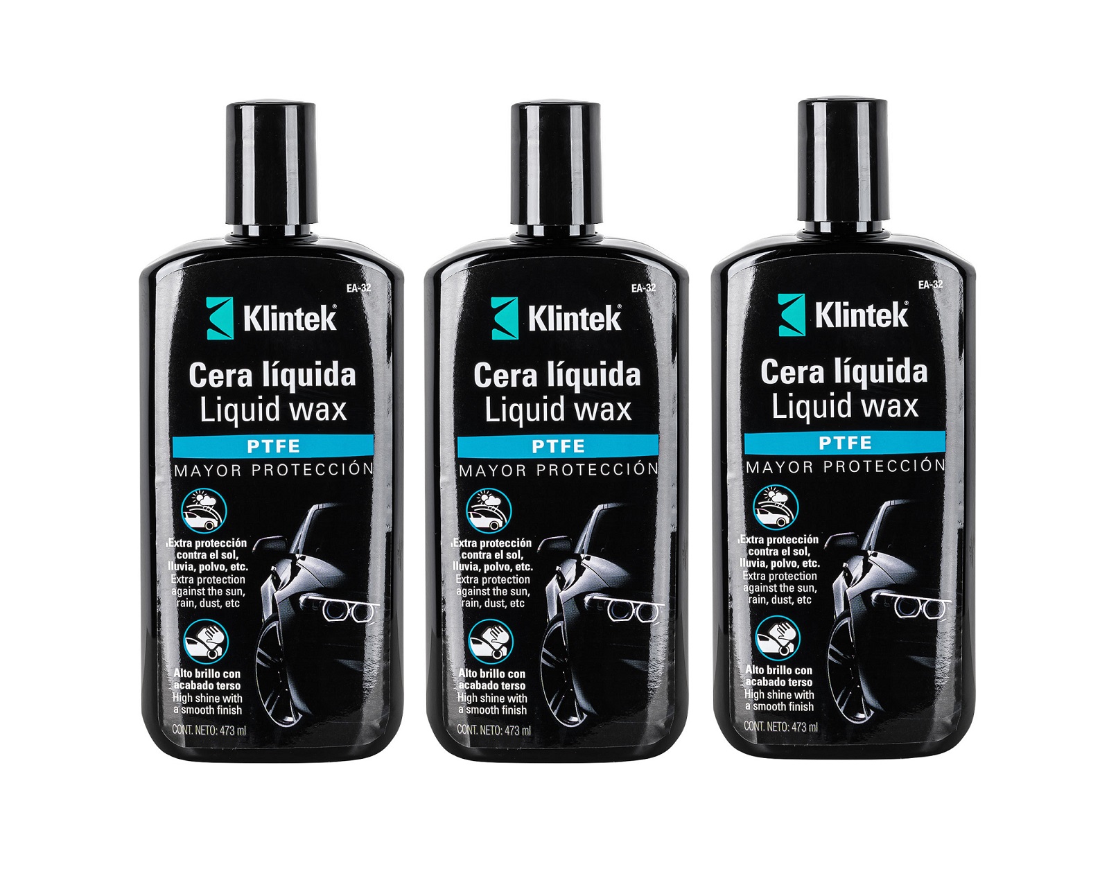 Kit de 3 pz Cera Líquida Ptfe para Limpieza de Auto Klintek de 473 ml