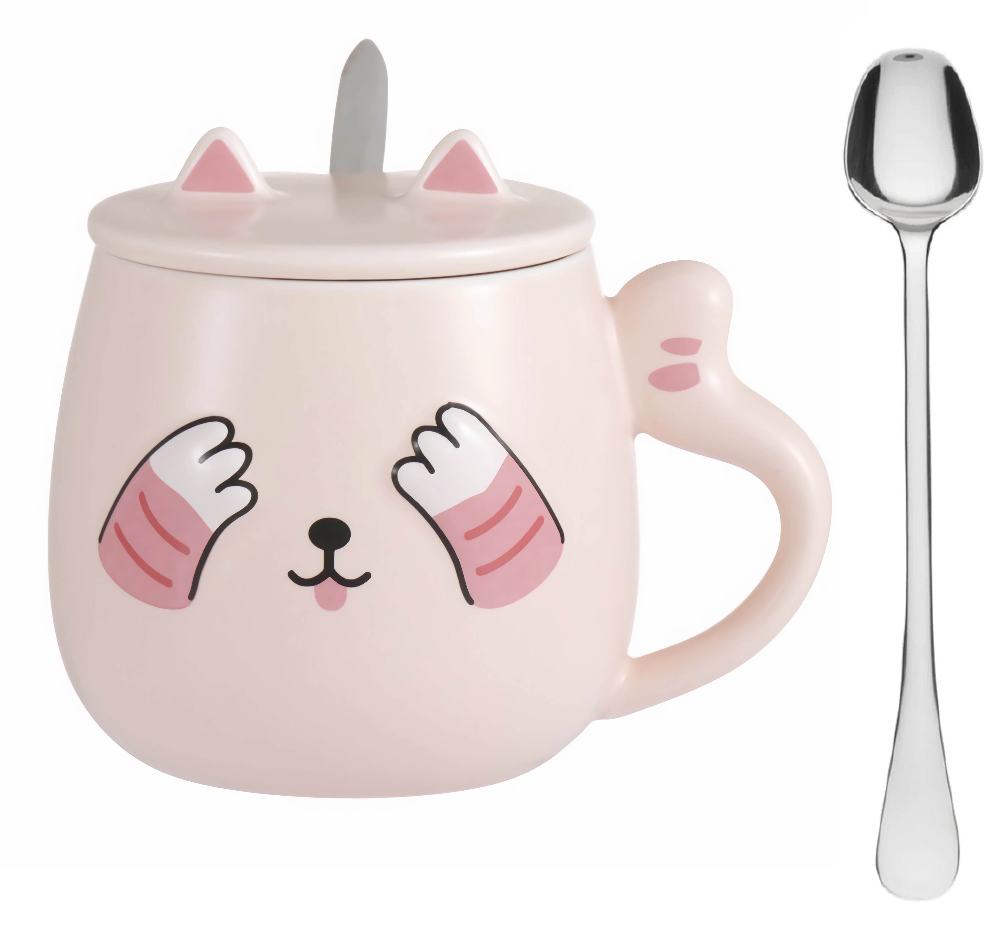 Foto 2 pulgar | Taza Para Café HappyWare Kawaii Gato Con Tapa Cuchara Peek Boo color Rosa