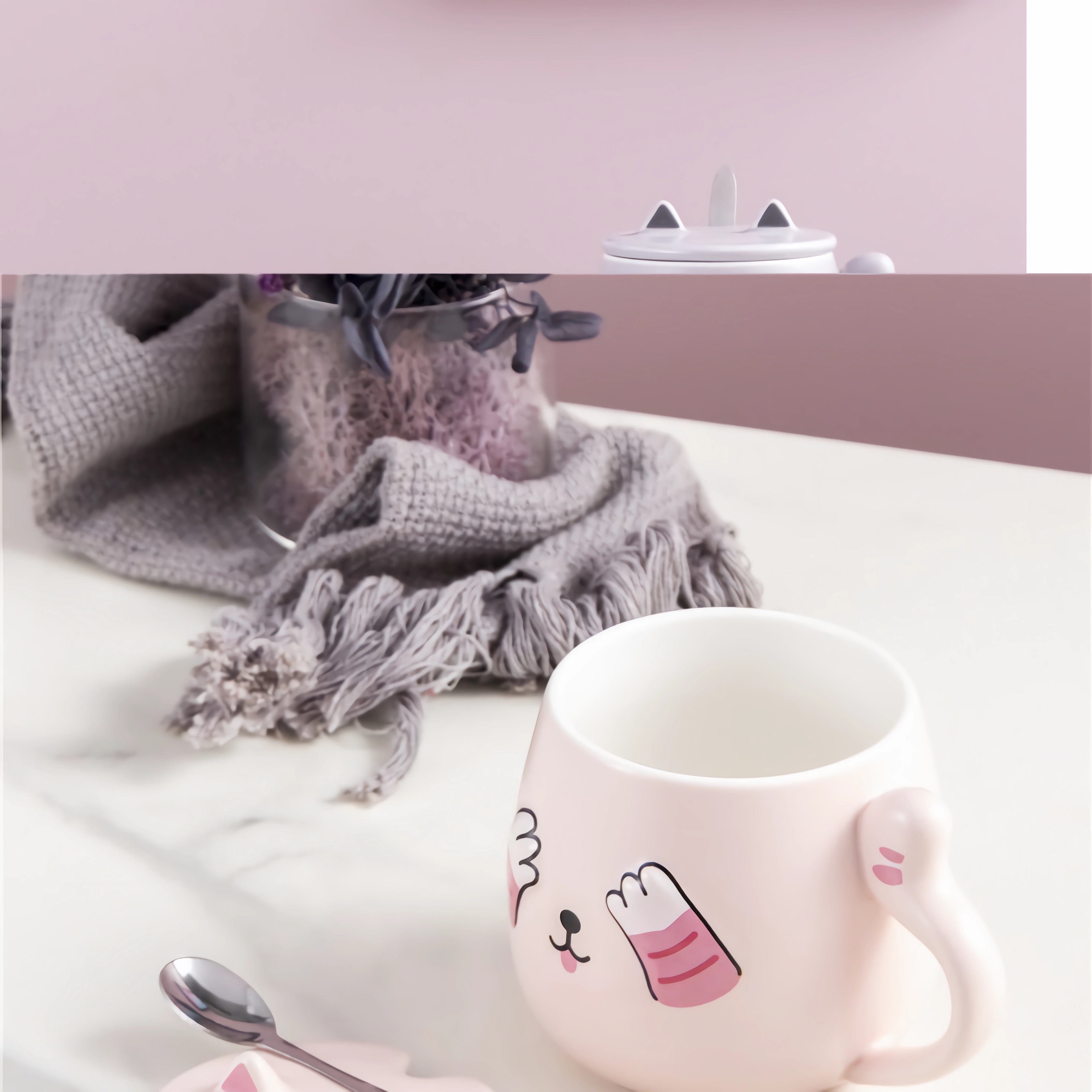 Foto 6 pulgar | Taza Para Café HappyWare Kawaii Gato Con Tapa Cuchara Peek Boo color Rosa