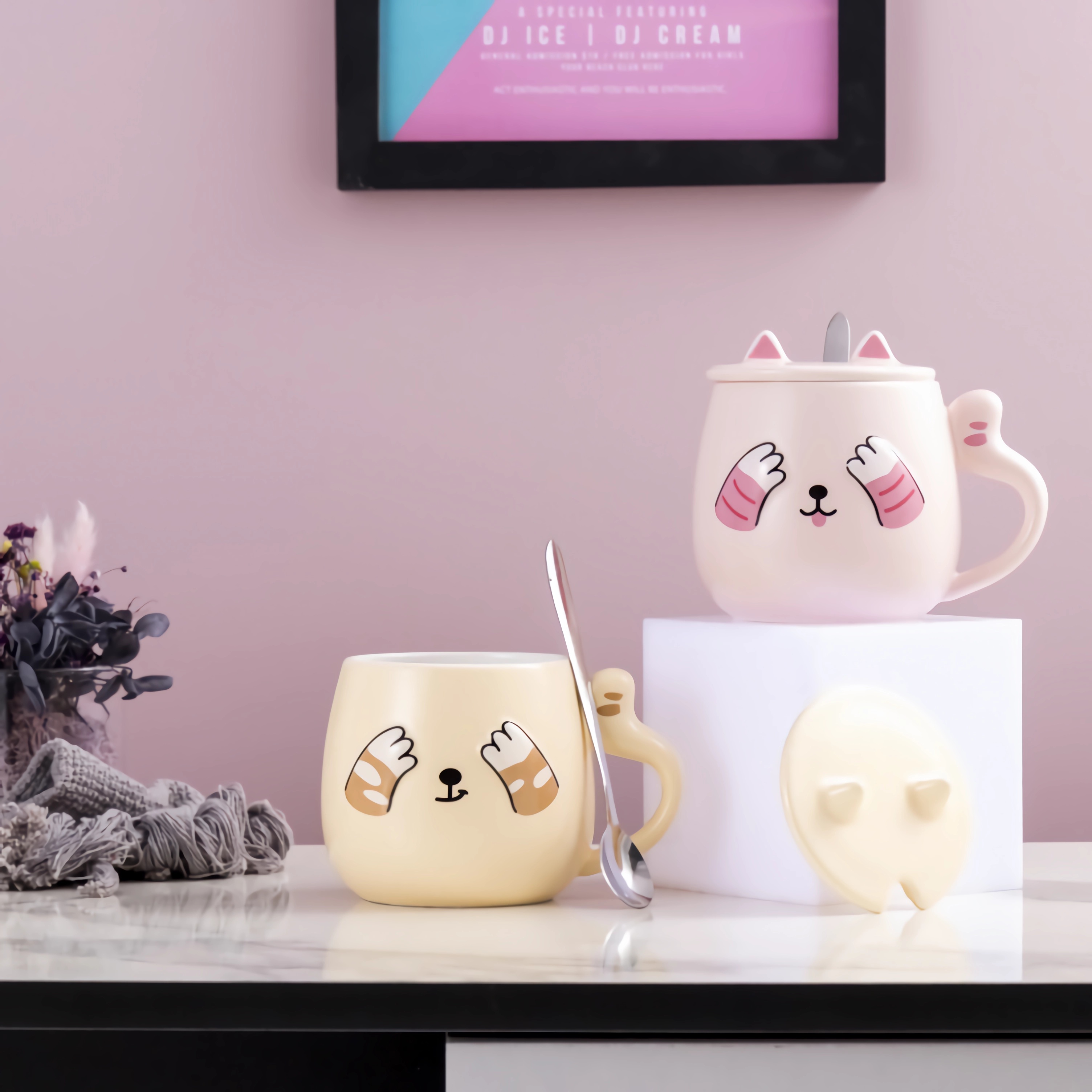 Foto 6 | Taza Para Café HappyWare Kawaii Gato Con Tapa Cuchara Peek Boo color Rosa