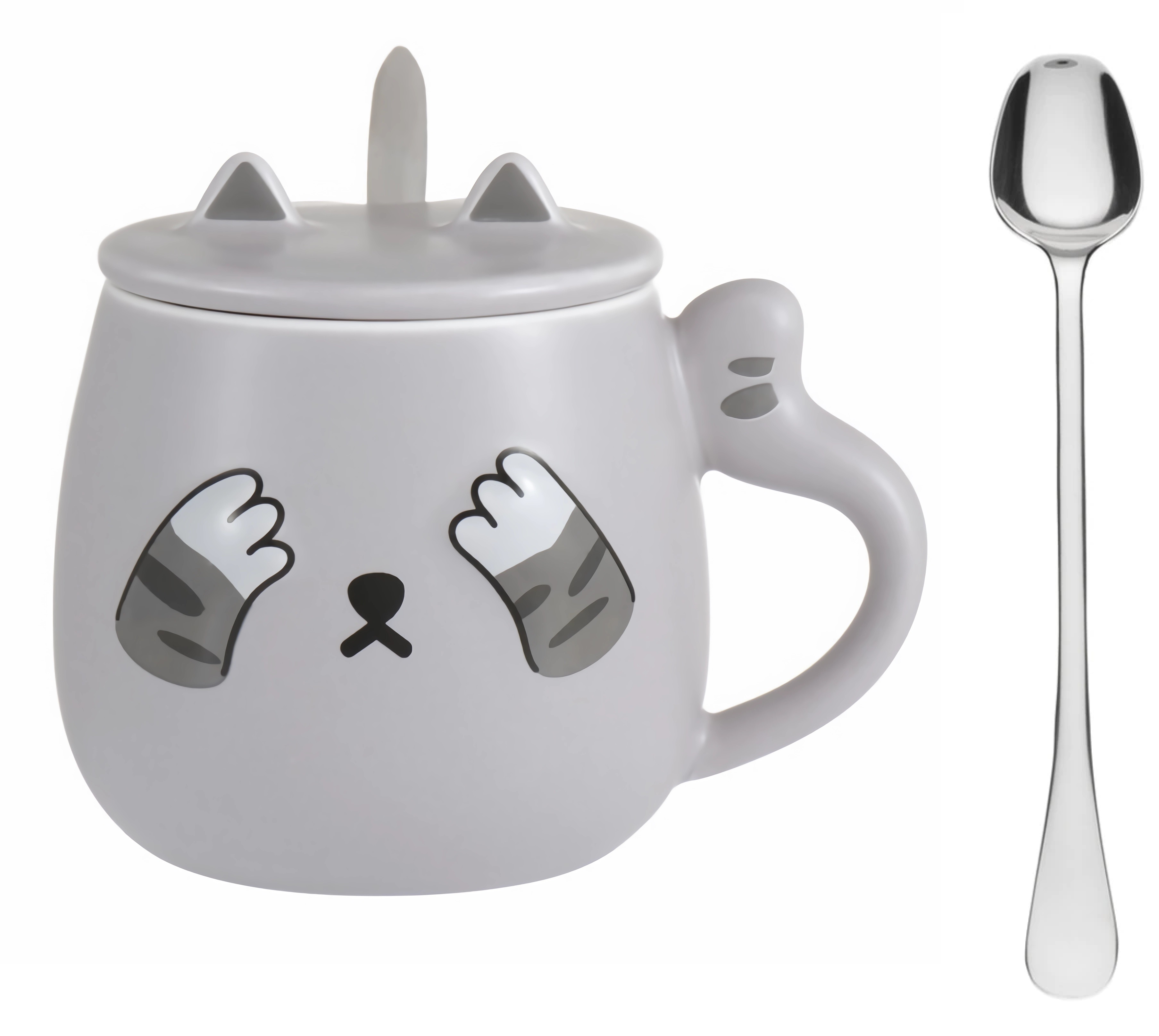 Foto 2 pulgar | Taza HappyWare 100151_3 color Gris con Tapa y Cuchara - Gato Kawaii