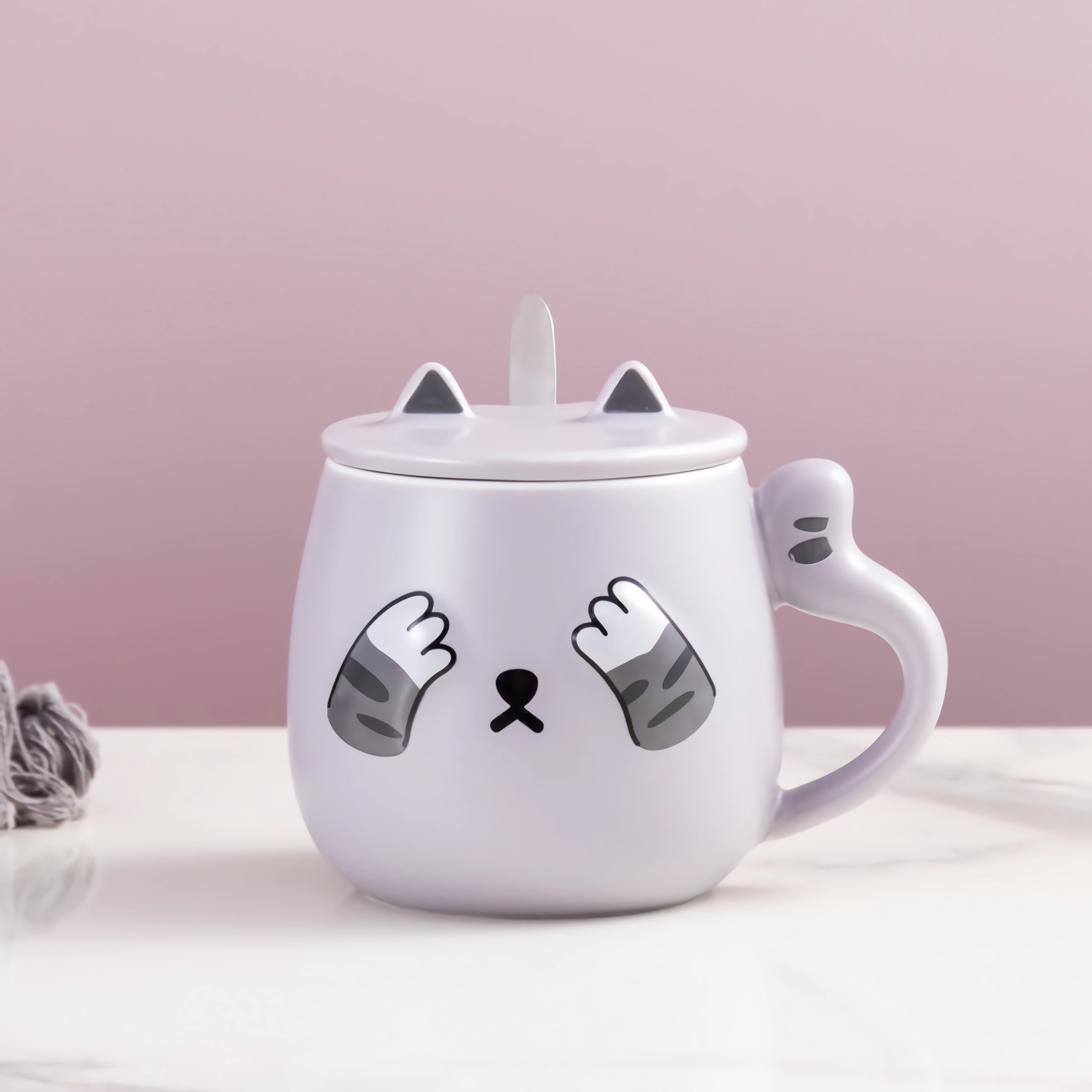 Foto 4 pulgar | Taza HappyWare 100151_3 color Gris con Tapa y Cuchara - Gato Kawaii