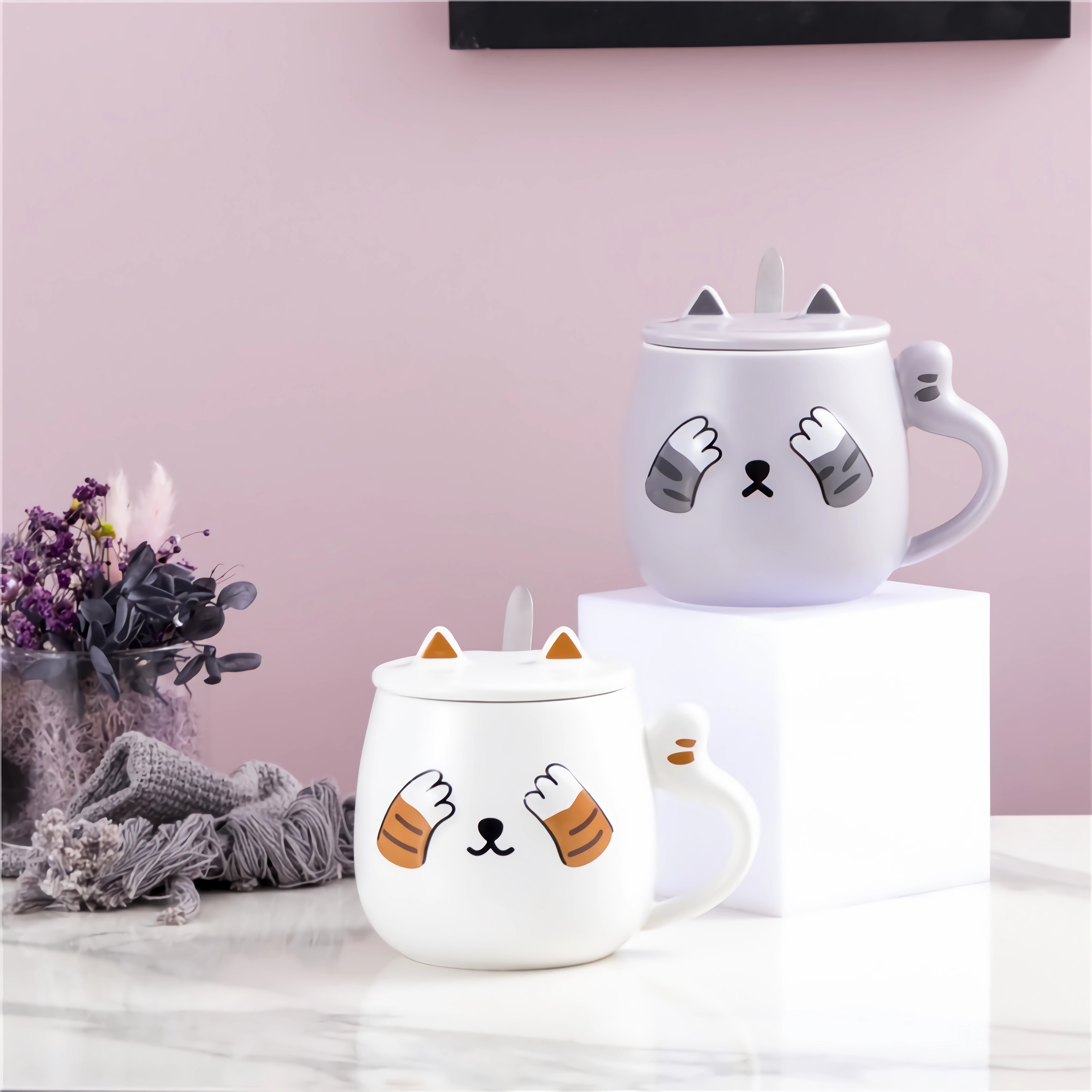 Foto 5 pulgar | Taza HappyWare 100151_3 color Gris con Tapa y Cuchara - Gato Kawaii