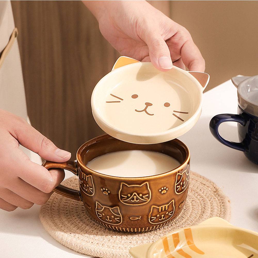 Foto 4 pulgar | Taza de Cerámica con Tapa y Diseño de Gato Pinto