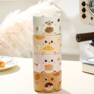 Foto 3 | Juego De 4 Tazas De Cerámica Kawaii Para Café, Gatos Apilables, Gatito Lindas Tazas De Té Gato Panadero
