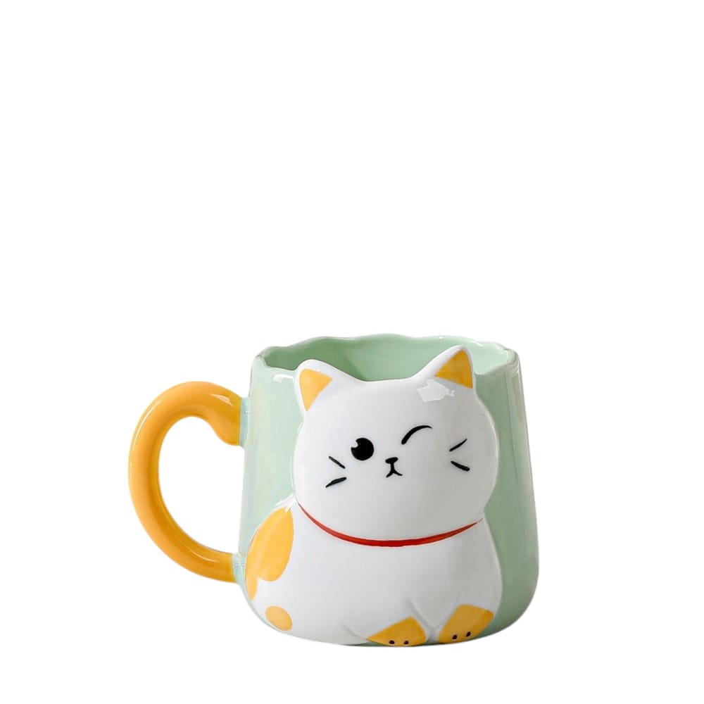 Taza De Cerámica Gatito Con Relieve Kawaii 500ml Diseño Cute Y Original  Verde