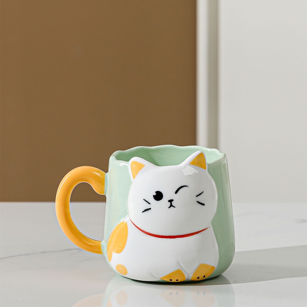 Foto 4 pulgar | Taza De Cerámica Gatito Con Relieve Kawaii 500ml Diseño Cute Y Original  Verde