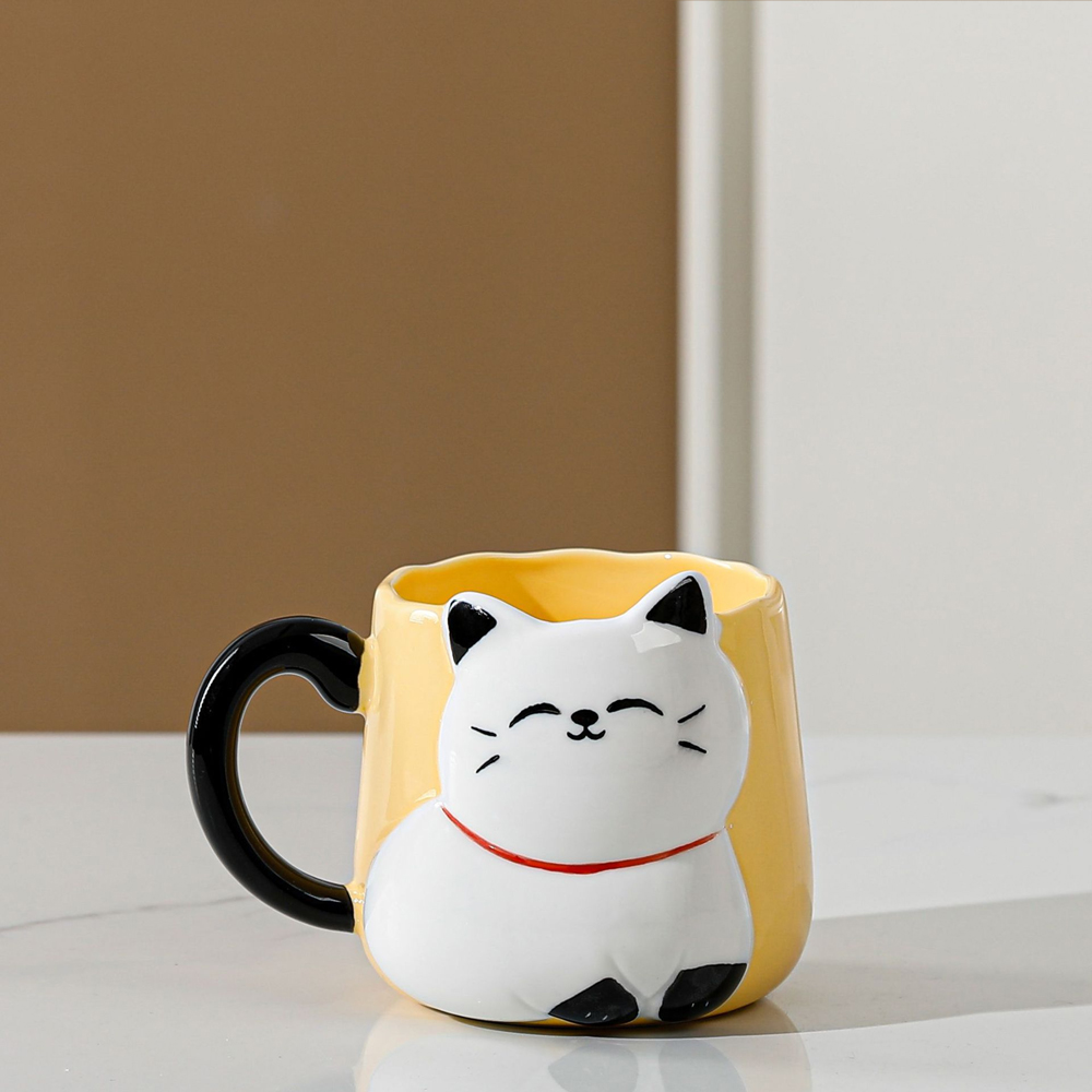 Foto 4 pulgar | Taza De Cerámica Gatito Con Relieve Kawaii 500ml Diseño Cute Y Original Amarillo