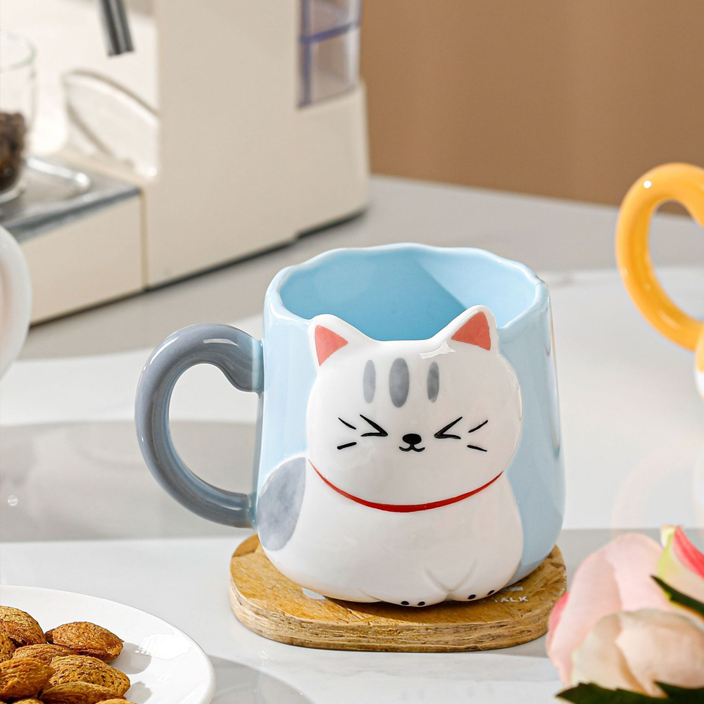 Foto 5 pulgar | Taza De Cerámica Gatito Con Relieve Kawaii 500ml Diseño Cute Y Original Azul