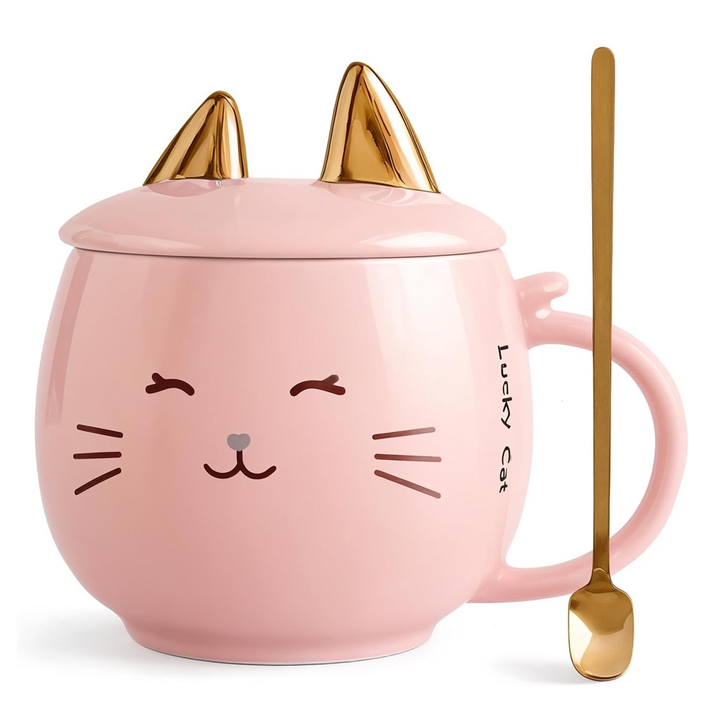Foto 2 pulgar | Taza De Cerámica Kawaii De Gatito Lucky Cat Con Holder Tapa Y Cuchara 400ml Rosa