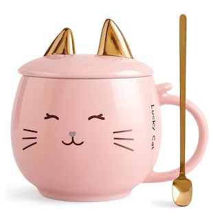 Foto 1 | Taza De Cerámica Kawaii De Gatito Lucky Cat Con Holder Tapa Y Cuchara 400ml Rosa