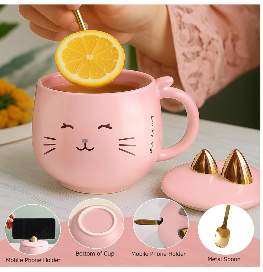 Foto 3 pulgar | Taza De Cerámica Kawaii De Gatito Lucky Cat Con Holder Tapa Y Cuchara 400ml Rosa