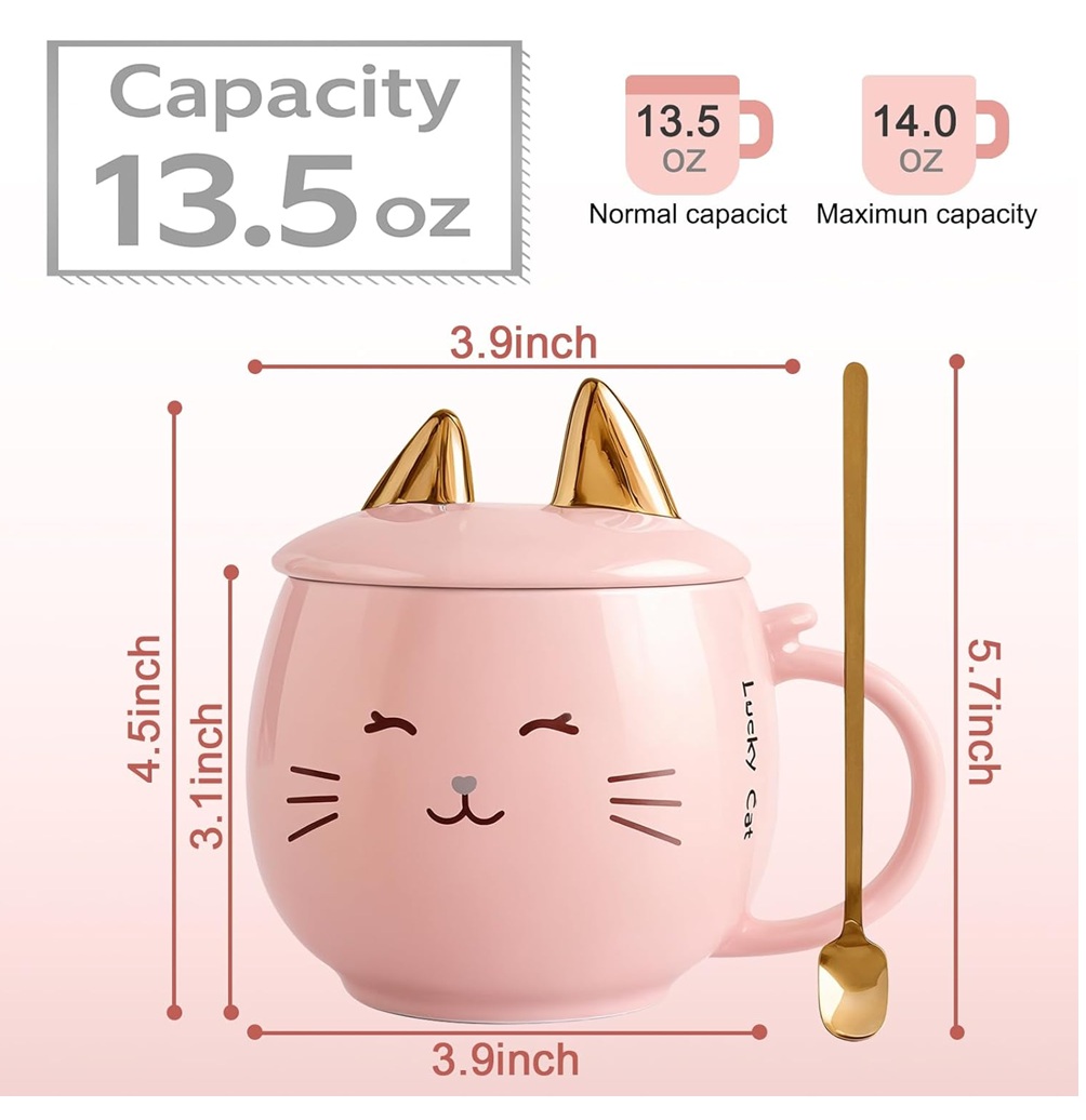 Foto 4 pulgar | Taza De Cerámica Kawaii De Gatito Lucky Cat Con Holder Tapa Y Cuchara 400ml Rosa