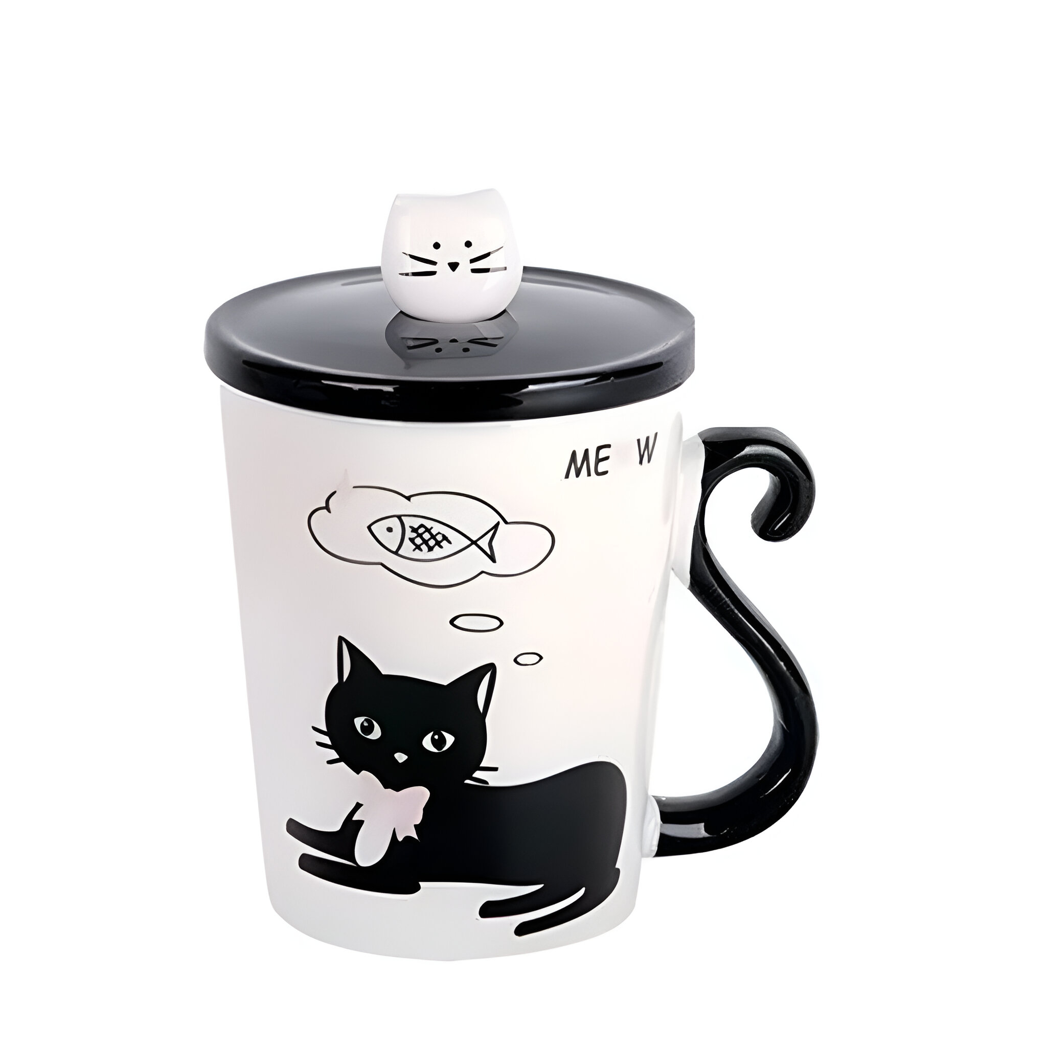 Foto 2 pulgar | Taza De Cerámica De Café Té Con Cuchara Y Tapa Gatito Negro 300ml Modc