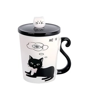 Foto 1 | Taza De Cerámica De Café Té Con Cuchara Y Tapa Gatito Negro 300ml Modc