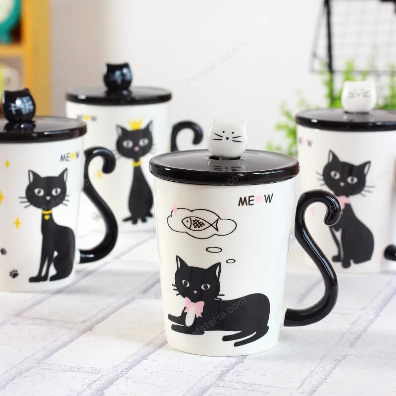 Foto 4 pulgar | Taza De Cerámica De Café Té Con Cuchara Y Tapa Gatito Negro 300ml Modc