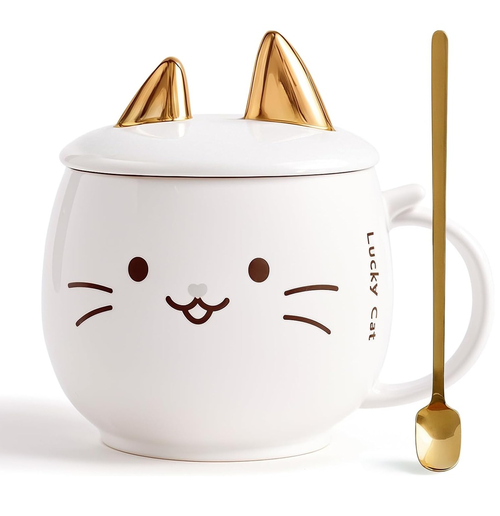 Foto 2 pulgar | Taza De Cerámica Kawaii De Gatito Lucky Cat Con Holder Tapa Y Cuchara 400ml Blanco