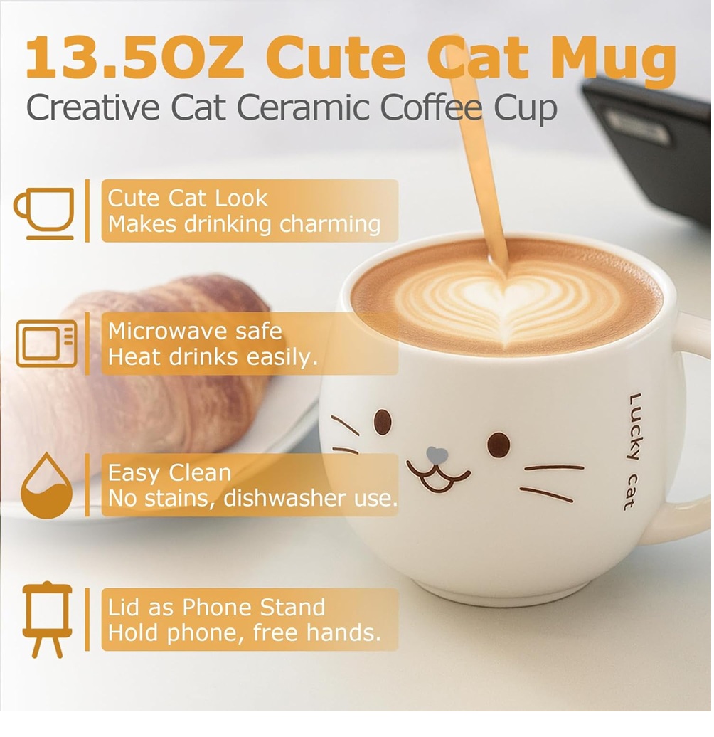 Foto 3 pulgar | Taza De Cerámica Kawaii De Gatito Lucky Cat Con Holder Tapa Y Cuchara 400ml Blanco