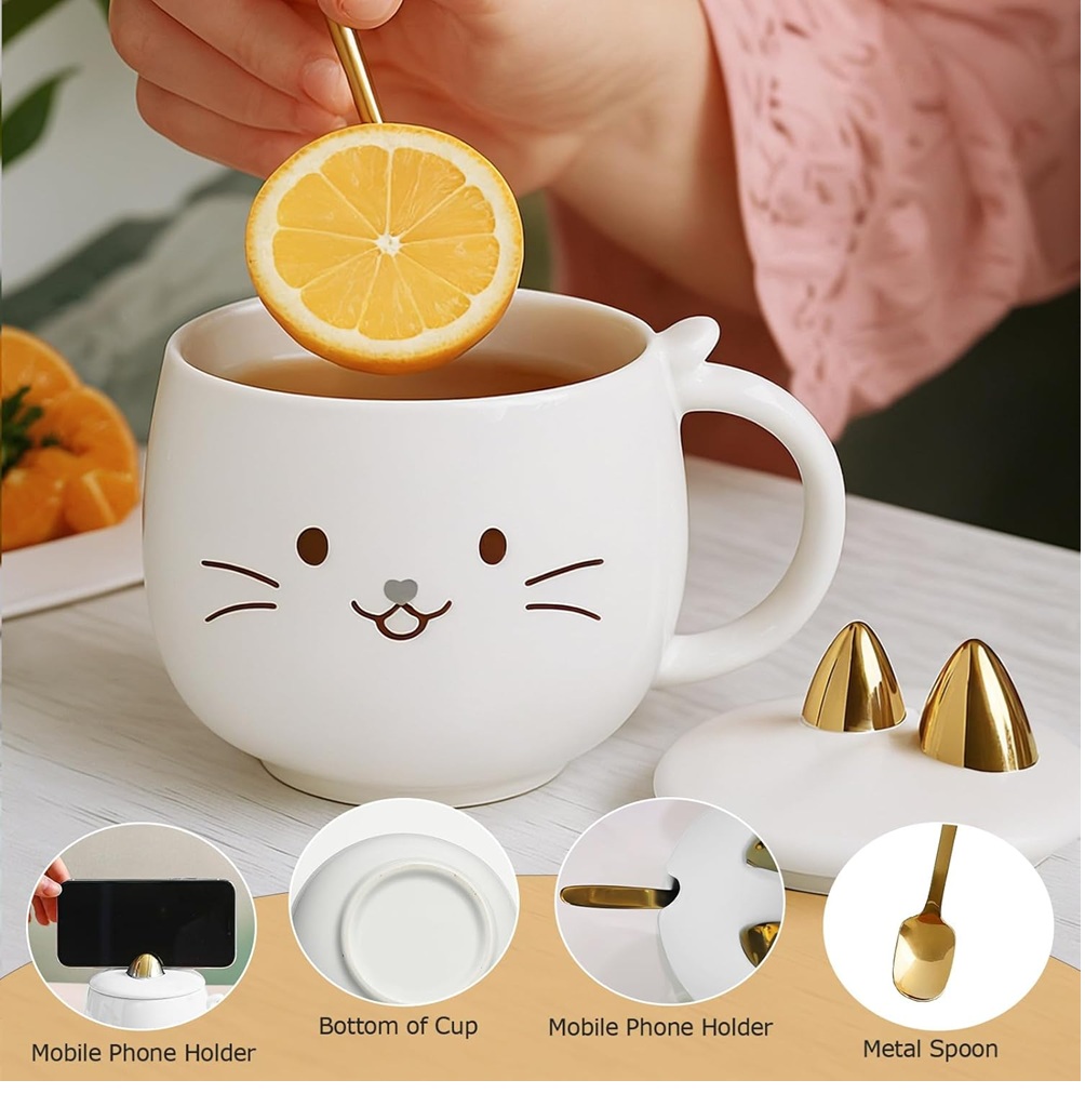 Foto 4 pulgar | Taza De Cerámica Kawaii De Gatito Lucky Cat Con Holder Tapa Y Cuchara 400ml Blanco