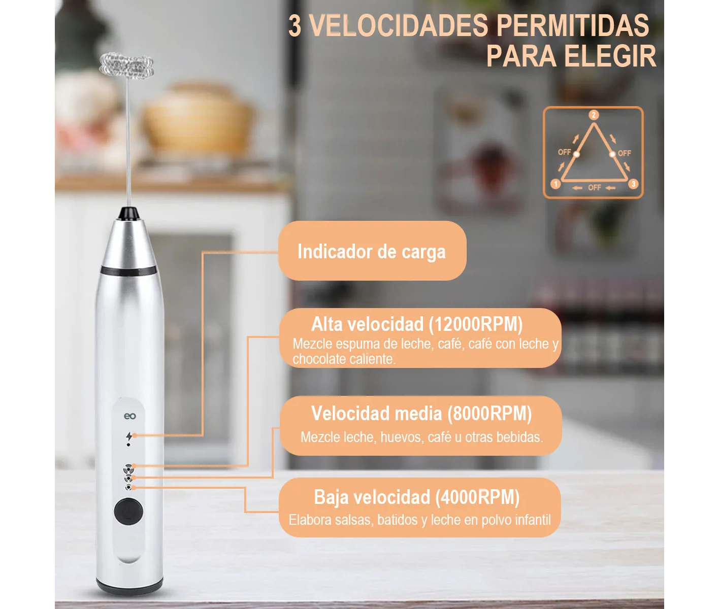 Foto 4 pulgar | Batidor Eléctrico De Leche Y Café  3 Velocidades Eo Safe Imports  Esi-20329 Plata